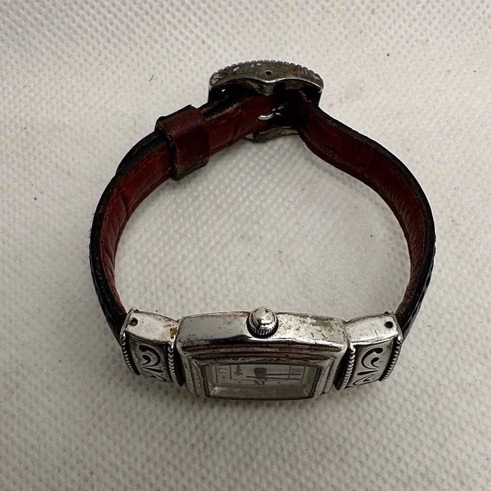 Brighton Silver Watch with Black Leather Strap